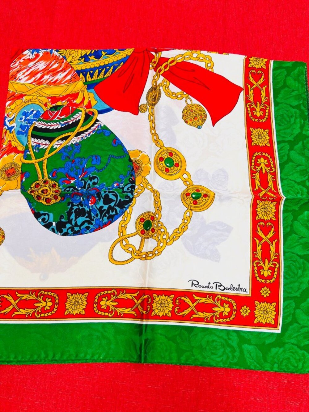 New W/Box Italy Made Renato Balestra 100% Silk Scarf 34" Green Ivery Red (66) - Picture 12 of 15